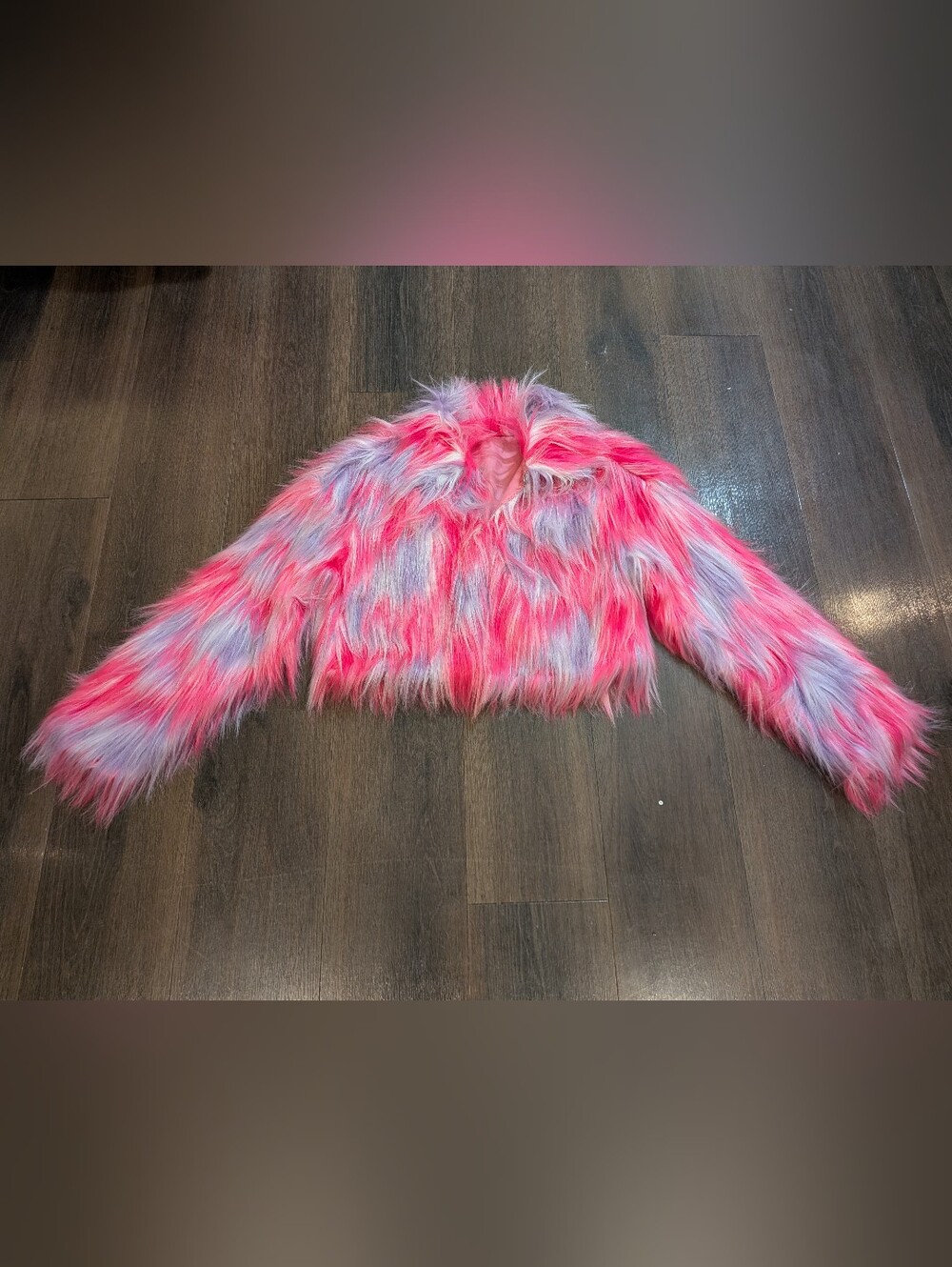Pink / purple cropped faux fur jacket